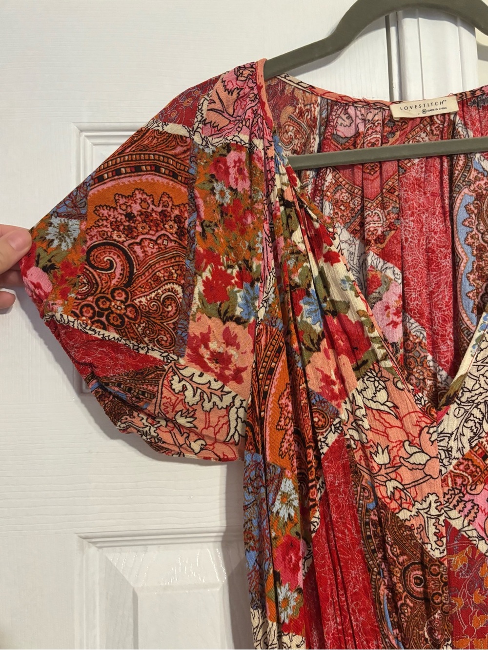 Lovestitch Red Floral Patchwork Boho Maxi Dress with Tassel Belt Medium